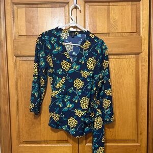 J. Crew Floral Wrap Blouse - Navy and Mustard